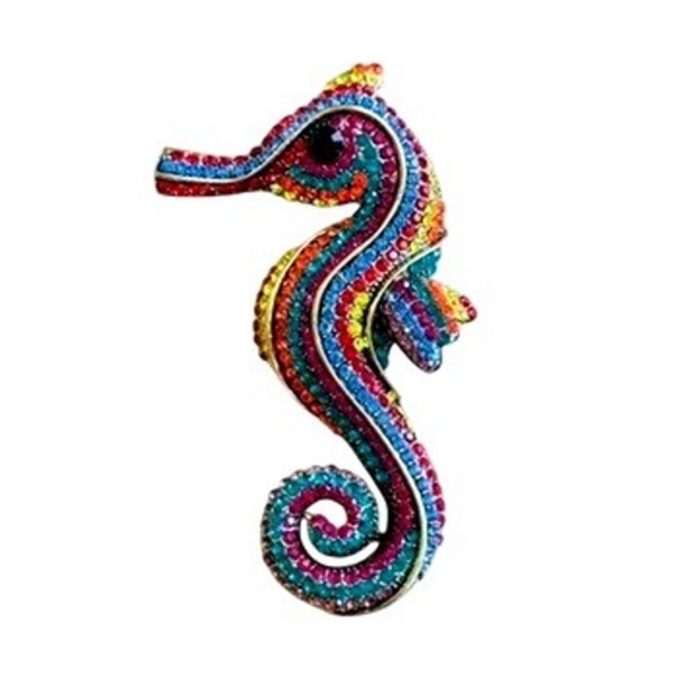Seahorse Bejeweled Brooch Pin Retro Rainbow Rhinestone Colorful Large Gold tone